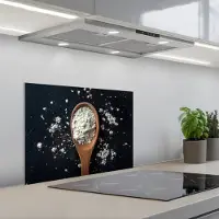 KitchenYeah Spatscherm 60x45 cm - Zelfklevende achterwand Meel - Hout - Lepel - Keuken muurbeschermer - Spatwand fornuis