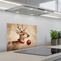 KitchenYeah Spatscherm 60x45 cm - Zelfklevende achterwand Kerst - Hert - Gewei - Kerstbal - Rendier - Keuken muurbeschermer - Spatwand fornuis