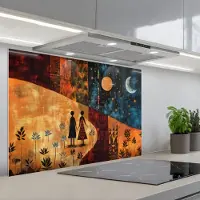 KitchenYeah Spatscherm 80x55 cm - Zelfklevende achterwand Silhouetten - Abstract - Zon - Maan - Keuken muurbeschermer - Spatwand fornuis