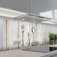 KitchenYeah Spatscherm 120x60 cm - Zelfklevende achterwand Zilver - Bestek - Hout - Keuken muurbeschermer - Spatwand fornuis