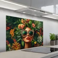KitchenYeah Spatscherm 100x65 cm - Zelfklevende achterwand Vrouw - Panterprint - Jungle - Natuur - Luxe - Keuken muurbeschermer - Spatwand fornuis