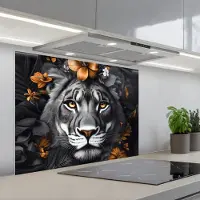 KitchenYeah Spatscherm 80x60 cm - Zelfklevende achterwand Tijger - Zwart wit - Goud - Bloemen - Botanisch - Keuken muurbeschermer - Spatwand fornuis