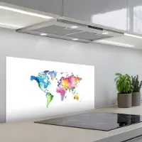 KitchenYeah Spatscherm 90x45 cm - Zelfklevende achterwand Wereldkaart - Regenboog - Aquarel - Keuken muurbeschermer - Spatwand fornuis