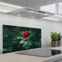 KitchenYeah Spatscherm 80x40 cm - Zelfklevende achterwand Roos - Bladeren - Dieprood - Keuken muurbeschermer - Spatwand fornuis