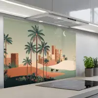 KitchenYeah Spatscherm 120x80 cm - Zelfklevende achterwand Nachtlandschap - Kamelen - Sterren - zandduinden - Keuken muurbeschermer - Spatwand fornuis