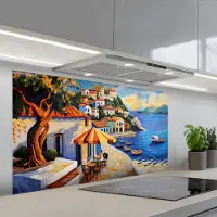 KitchenYeah Spatscherm 120x60 cm - Zelfklevende achterwand Kustdorp - Huisjes - Mozaïek - Zee - Keuken muurbeschermer - Spatwand fornuis