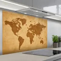 KitchenYeah Spatscherm 120x80 cm - Zelfklevende achterwand Wereldkaart - sepia silhouet - Keuken muurbeschermer - Spatwand fornuis