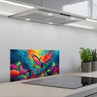 KitchenYeah Spatscherm 70x30 cm - Zelfklevende achterwand Haai - Koraalrif - Abstract - Kleurrijk - Keuken muurbeschermer - Spatwand fornuis