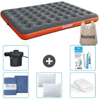 OEM Luchtbed voor twee personen - 152 x 203 x 22 cm - Grijs/Oranje - inclusief beddengoed, hoofdkussens, hoofdkussenbeschermers, pomp en reparatieset