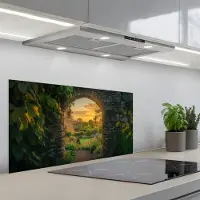 KitchenYeah Spatscherm 80x40 cm - Zelfklevende achterwand Poort - Planten - Zonsondergang - Keuken muurbeschermer - Spatwand fornuis