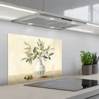 KitchenYeah Spatscherm 70x50 cm - Zelfklevende achterwand Vaas - Keramiek - Olijftakken - Keuken muurbeschermer - Spatwand fornuis