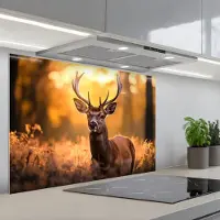 KitchenYeah Spatscherm 90x60 cm - Zelfklevende achterwand Hert - Gewei - Herfst - Bos - Bruin - Natuur - Bosdieren - Keuken muurbeschermer - Spatwand fornuis