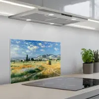 KitchenYeah Spatscherm 60x40 cm - Zelfklevende achterwand Landschap - Strobalen - Bergen - Wolken - Keuken muurbeschermer - Spatwand fornuis