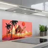 KitchenYeah Spatscherm 90x45 cm - Zelfklevende achterwand Kameel - Pyramides - Rode zon - Keuken muurbeschermer - Spatwand fornuis