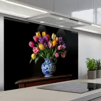 KitchenYeah Spatscherm 120x80 cm - Zelfklevende achterwand Tulpen - Kleuren - Hout - Vaas - Keuken muurbeschermer - Spatwand fornuis