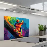 KitchenYeah Spatscherm 70x50 cm - Zelfklevende achterwand Kikker - Felgekleurd - Tak - Regenboog - Keuken muurbeschermer - Spatwand fornuis