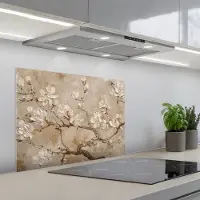 KitchenYeah Spatscherm 70x50 cm - Zelfklevende achterwand Bloemen - Modern - Beige - Wit - Bloesem - Keuken muurbeschermer - Spatwand fornuis