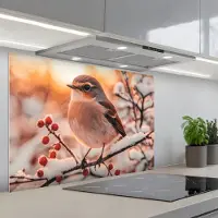 KitchenYeah Spatscherm 80x55 cm - Zelfklevende achterwand Vogel - Tak - Winter - Dieren - Sneeuw - Keuken muurbeschermer - Spatwand fornuis