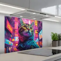 KitchenYeah Spatscherm 90x70 cm - Zelfklevende achterwand Kat - Pop art - China - Neon - Stad - Keuken muurbeschermer - Spatwand fornuis