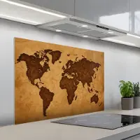 KitchenYeah Spatscherm 100x65 cm - Zelfklevende achterwand Wereldkaart - Uitgesneden perkament - Keuken muurbeschermer - Spatwand fornuis