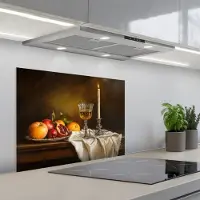 KitchenYeah Spatscherm 70x50 cm - Zelfklevende achterwand Fruit - Stilleven - Wijn - Kaars - Keuken muurbeschermer - Spatwand fornuis