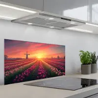 KitchenYeah Spatscherm 90x45 cm - Zelfklevende achterwand Windmolen - Zonsondergang - Landschap - Keuken muurbeschermer - Spatwand fornuis