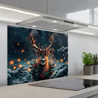 KitchenYeah Spatscherm 80x60 cm - Zelfklevende achterwand Hert - Kerst - Winter - Sneeuw - Kerstkrans - Keuken muurbeschermer - Spatwand fornuis