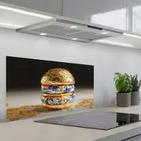 KitchenYeah Spatscherm 80x40 cm - Zelfklevende achterwand Delftsblauw - Goud - Burger - Keuken muurbeschermer - Spatwand fornuis