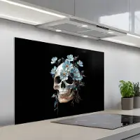 KitchenYeah Spatscherm 100x65 cm - Zelfklevende achterwand Schedel - Blauw - Bloemen - Bladeren - Keuken muurbeschermer - Spatwand fornuis