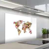 KitchenYeah Spatscherm 100x65 cm - Zelfklevende achterwand Wereldkaart - Bloemen - Felgekleurd - Keuken muurbeschermer - Spatwand fornuis