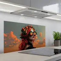 KitchenYeah Spatscherm 100x50 cm - Zelfklevende achterwand Vrouw - Kroon - Tomaat - Bascilicum - Zonnebril - Keuken muurbeschermer - Spatwand fornuis