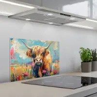 KitchenYeah Spatscherm 60x40 cm - Zelfklevende achterwand Schotse hooglander - Natuur - Kleurrijk - Bloemen - Keuken muurbeschermer - Spatwand fornuis
