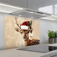 KitchenYeah Spatscherm 90x70 cm - Zelfklevende achterwand Kerst - Hert - Gewei - Rood - Keuken muurbeschermer - Spatwand fornuis
