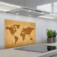 KitchenYeah Spatscherm 70x55 cm - Zelfklevende achterwand Wereldkaart - sepia silhouet - Keuken muurbeschermer - Spatwand fornuis