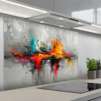 KitchenYeah Spatscherm 120x80 cm - Zelfklevende achterwand Modern - Oranje - Grijs - Kunst - Keuken muurbeschermer - Spatwand fornuis