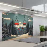 KitchenYeah Spatscherm 90x60 cm - Zelfklevende achterwand Sneeuw - Skilift - Rood - Bomen - Keuken muurbeschermer - Spatwand fornuis