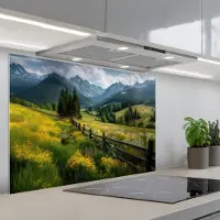 KitchenYeah Spatscherm 90x60 cm - Zelfklevende achterwand Veld - Hek - Bergen - Bloemen - Keuken muurbeschermer - Spatwand fornuis