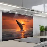 KitchenYeah Spatscherm 80x55 cm - Zelfklevende achterwand Walvis - Zon - Zee - Keuken muurbeschermer - Spatwand fornuis
