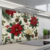 KitchenYeah Spatscherm 120x80 cm - Zelfklevende achterwand Feestelijk - Textielpatroon - Kerstbloemen - Kleurrijk - Keuken muurbeschermer - Spatwand fornuis