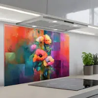 KitchenYeah Spatscherm 80x55 cm - Zelfklevende achterwand Geometrische kleurvlaken - Modern - Fantasiebloemen - Keuken muurbeschermer - Spatwand fornuis