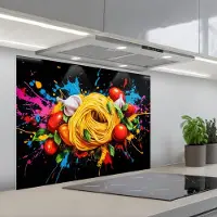 KitchenYeah Spatscherm 80x60 cm - Zelfklevende achterwand Spaghetti - Graffiti - Verf - Kleurrijk - Eten - Modern - Keuken muurbeschermer - Spatwand fornuis