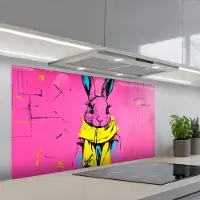 KitchenYeah Spatscherm 120x60 cm - Zelfklevende achterwand Konijn - Felroze - Sjaal - Abstract - Keuken muurbeschermer - Spatwand fornuis