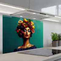 KitchenYeah Spatscherm 90x60 cm - Zelfklevende achterwand Vrouw - Hoodtooi - Tropisch - Fruit - Druiven - Keuken muurbeschermer - Spatwand fornuis