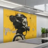 KitchenYeah Spatscherm 100x75 cm - Zelfklevende achterwand Street art - Meisje - Geel - Banksy Style - Keuken muurbeschermer - Spatwand fornuis