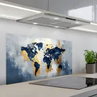 KitchenYeah Spatscherm 100x50 cm - Zelfklevende achterwand Wereldkaart - Blauw - Abstract - Keuken muurbeschermer - Spatwand fornuis