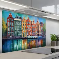KitchenYeah Spatscherm 120x80 cm - Zelfklevende achterwand Amsterdam - Olieverf - Gracht - Schilderij - Kunst - Keuken muurbeschermer - Spatwand fornuis