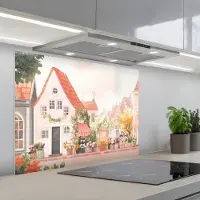 KitchenYeah Spatscherm 90x70 cm - Zelfklevende achterwand Bloemen - Huizen - Dorp - Keuken muurbeschermer - Spatwand fornuis
