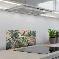 KitchenYeah Spatscherm 60x30 cm - Zelfklevende achterwand Compositie van bladeren - Groen - Roze - Keuken muurbeschermer - Spatwand fornuis