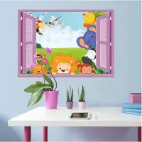 Giftwebshop Moderne muursticker – Zachte kleuren – Raam – Leeuw – Olifant – Zebra – Poes – Muurstickers kinderkamer – Babykamer – Accessoires babykamer – Raam – 50 x 70 (lxb) cm