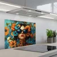 KitchenYeah Spatscherm 70x55 cm - Zelfklevende achterwand Vrouw - Bloemen - Oranje - Blauw - Modern - Keuken muurbeschermer - Spatwand fornuis